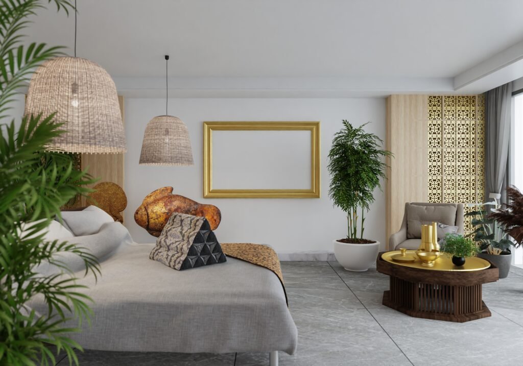 3D illustration Mockup photo frame in bedroom, rendering