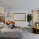 3D illustration Mockup photo frame in bedroom, rendering